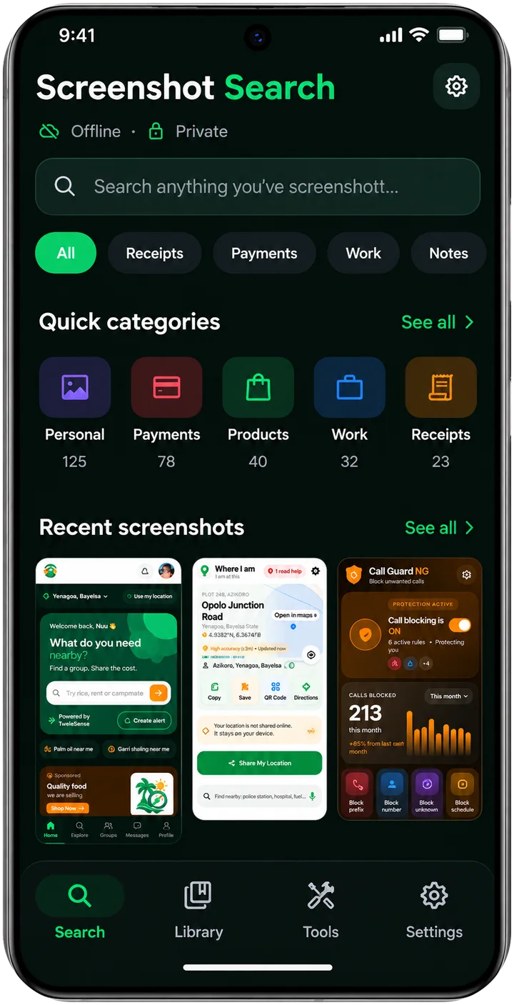 SHOTDEX (Screenshot Search) home screen with search, quick categories and recent screenshots