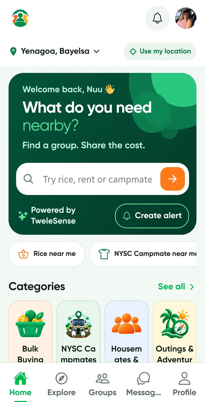 TweleTwele home screen asking “What do you need nearby?” with group search, quick suggestions and categories